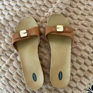 Dr. Scholl's Tan/Brown Slide Sandals with Gold Buckle